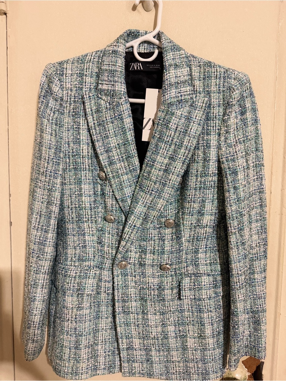 Zara Teal & Blue Tweed Double-Breasted Blazer